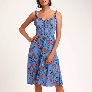 NWT ASTR Blended Floral Midi Button Dress Blue XS